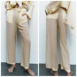 Zara Sheer Buttery Yellow Wide Leg Pants Medium